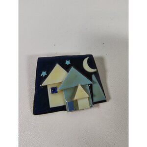 Lucinda House Brooch Pin Vintage Crescent Moon Star Blue White Teal  Estate
